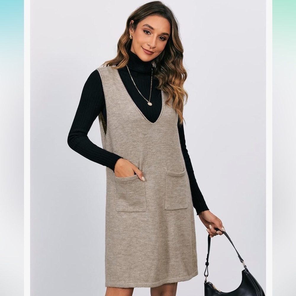 Women's Knitted Solid Sweater Dress V Neck Sleeveless Short with Pockets Brown - Picture 3 of 12